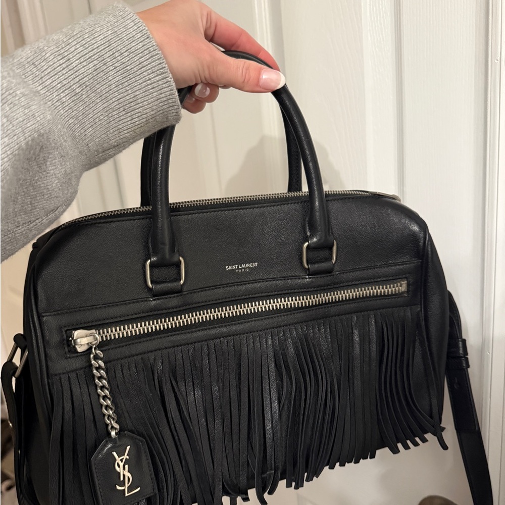 Yves Saint Laurent Black Leather Fringe Satchel Crossbody - Picture 2 of 10